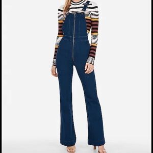 Express Super High Waisted Medium Wash Bell Flare Overalls